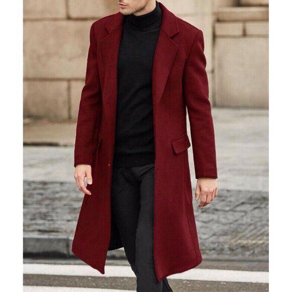 ✨Men Red Casual Trench Coat Slim Fit Notched Collar Long Jacket Pea Overcoat - Picture 3 of 6